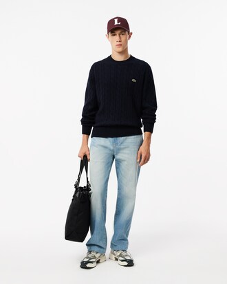 Pullover aus Tuchwolle mit Zopfmuster und Rundhalsausschnitt