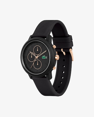 LACOSTE 12.12 Chronograph Black and Carnation aus goldfarbenem Silikon