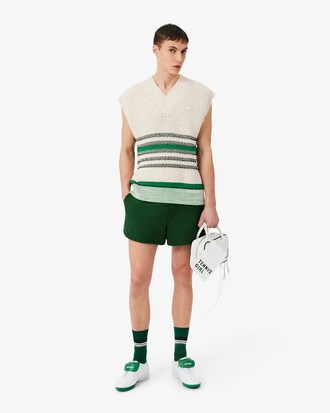 &Auml;rmelloser Pullover aus durchbrochenem Piqu&eacute; mit Streifen