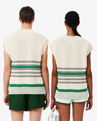 &Auml;rmelloser Pullover aus durchbrochenem Piqu&eacute; mit Streifen