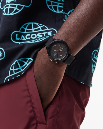 LACOSTE 12.12 Chronograph Black and Carnation aus goldfarbenem Silikon