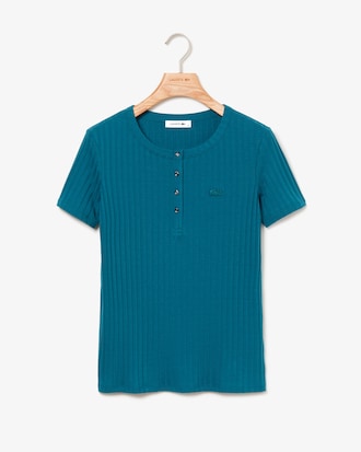 Damen-T-Shirt mit Henley-Kragen und Rippenmuster