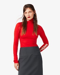 Runway bedrucktes Stretch-T-Shirt mit hohem Kragen