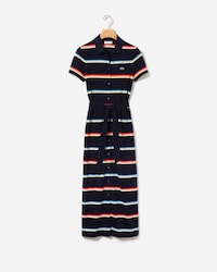 Women's Striped Cotton Piqu&eacute; Buttoned Long Polo Dress
