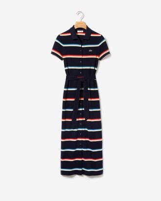 Women's Striped Cotton Piqu&eacute; Buttoned Long Polo Dress