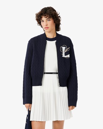 Cable Knit Intarsia and Embroidery Accent Zipped Sweater