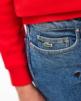 Women's Lacoste LIVE Straight Cut Rose Embroidered Stretch Cotton Jeans