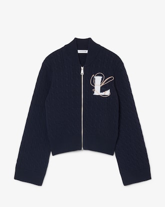 Cable Knit Intarsia and Embroidery Accent Zipped Sweater
