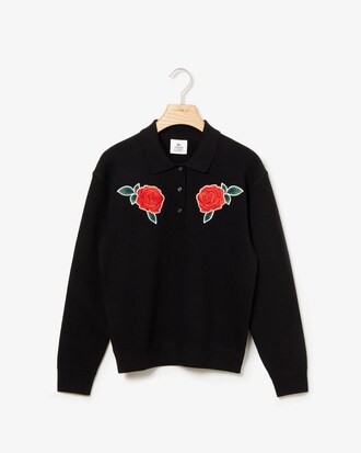 Women's Lacoste LIVE Polo Shirt Collar Rose Embroidery Short Sweater