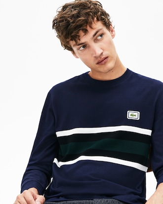 Men's Crew Neck Badge Striped Cotton T-shirt