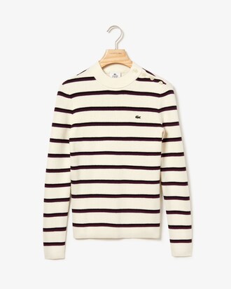 Women's Lacoste LIVE Crew Neck Striped Wool And Cotton Sweater