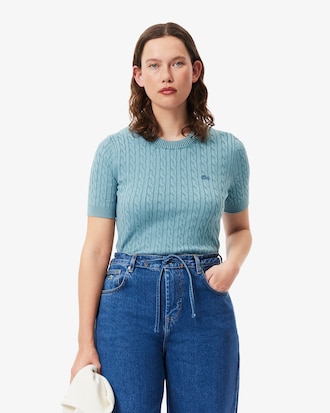 Washed Effect Cable Knit Sweater