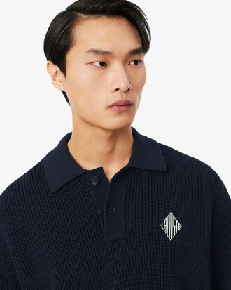 Badge Accent Pearl Rib Polo Collar Sweater
