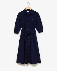 Women's Belted Buttoned Supple Cotton Petit Piqu&eacute; Polo Dress