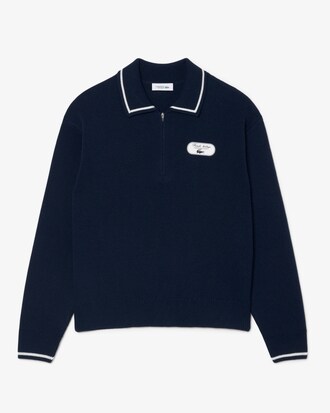 Badge Accent Tennis Heritage Zipped Polo Collar Sweater