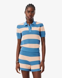 Striped Mesh Knit Polo Collar Sweater