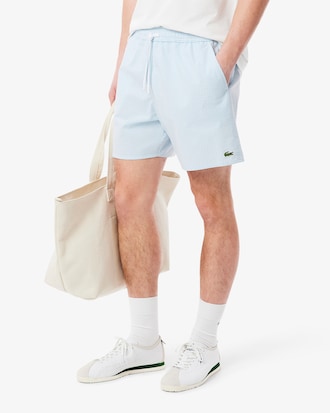 Mid Length Striped Textured Swim Trunks