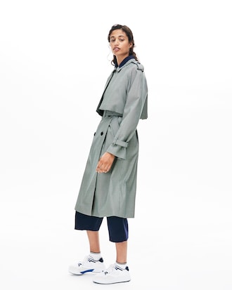 Women's Storm Flap Long Belted Check Print Canvas Trench Coat