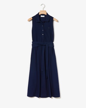Women's Detachable Belt Soft Petit Piqu&eacute; Polo Dress