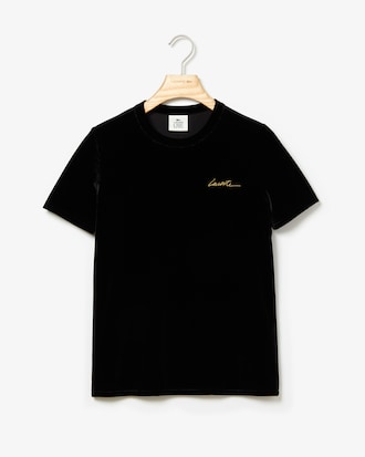Women's Lacoste LIVE Crew Neck Golden Signature Velvet T-shirt