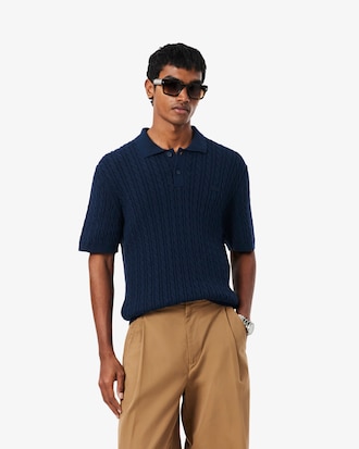 Classic Fit Cable Knit Cotton Polo Shirt
