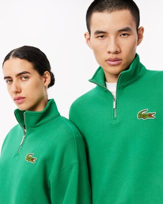 Loose Fit Zip Neck Badge Accent Sweatshirt