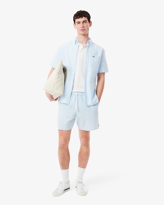 Mid Length Striped Textured Swim Trunks