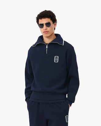 Loose Fit High Zipped Neck Badge Accent Sweatshirt