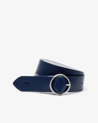 Women's Round Double Buckle Reversible Satin And Grained Leather Belt