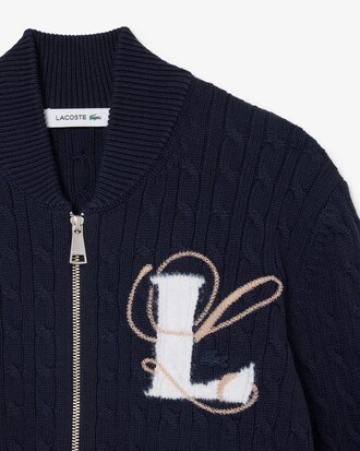 Cable Knit Intarsia and Embroidery Accent Zipped Sweater