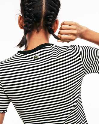 Women's Lacoste LIVE Crew Neck Striped Ribbed Cotton T-shirt
