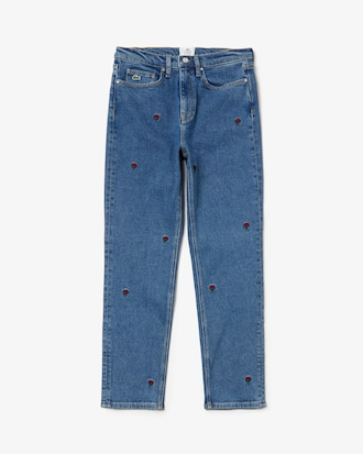 Women's Lacoste LIVE Straight Cut Rose Embroidered Stretch Cotton Jeans