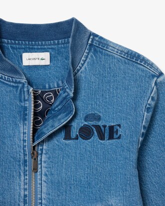 Padded Badge Accent Denim Bomber Jacket