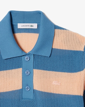 Striped Mesh Knit Polo Collar Sweater