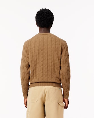 Cable Knit Carded Wool Crew Neck Sweater