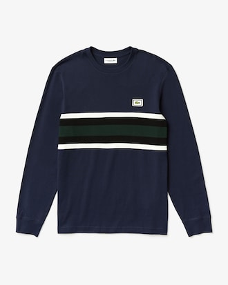 Men's Crew Neck Badge Striped Cotton T-shirt