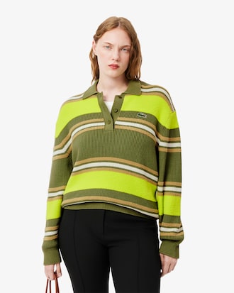 Ribbed Striped Knit Polo Sweater