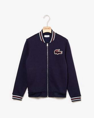 Boys' Contrast Stripes And Croc Patch Zip Teddy Jacket