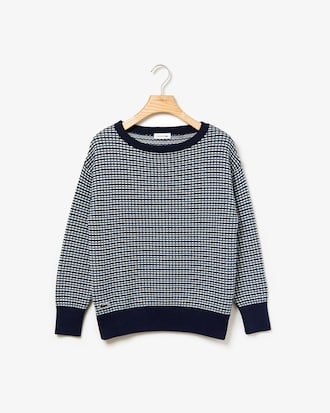 Women's Boat Neck Check Cotton Jacquard Sweater