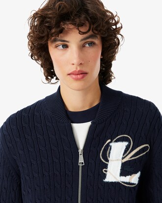 Cable Knit Intarsia and Embroidery Accent Zipped Sweater