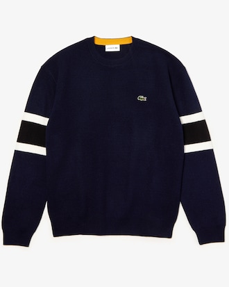 Men's Crew Neck Contrast Bands Heathered Jacquard Sweater