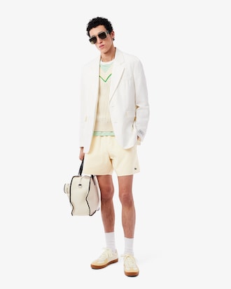 Mid Length Striped Textured Swim Trunks