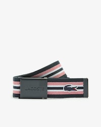 Cintur&oacute;n de rayas de mujer con grabado de Lacoste en la hebilla chapada