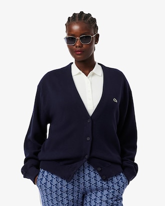 Chaqueta de punto musgo de algodón con cuello de pico