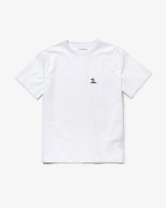 Camiseta de mujer en popelín de algodón con cuello amplio y estampado de cocodrilo y palmera