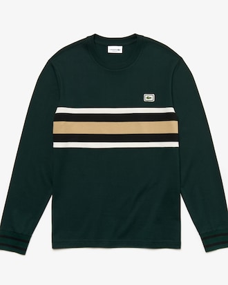 Camiseta de hombre en algodón de rayas con cuello redondo e insignia