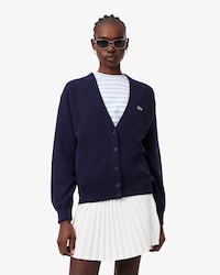 Chaqueta de punto musgo de algod&oacute;n con cuello de pico