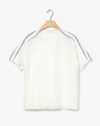 Camiseta de mujer en lona ligera con paneles de rayas y cuello redondo