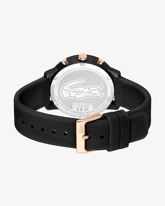 Reloj Lacoste.12.12 de silicona negra y oro rosa con cronógrafo