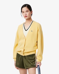 Chaqueta de punto musgo de algodón con cuello de pico